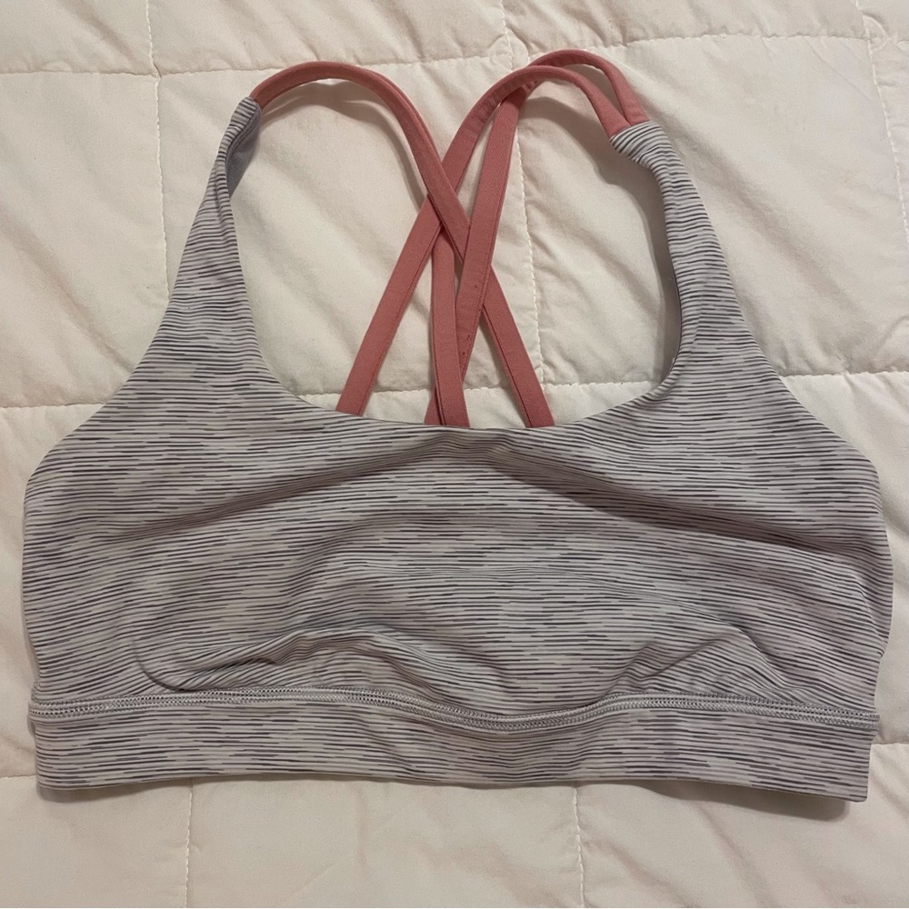 Lululemon Womens Size 6 Energy Bra, medium support, grey/white stripe